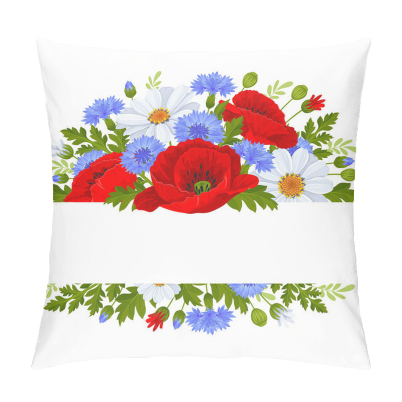 Personality  Banner With Wildflowers. Red Poppies, Blue Cornflowers, White Daisies, Leaves And Buds. Template For Banner, Label, Greeting Card, E.t.c. Vector Illustration. Pillow Covers