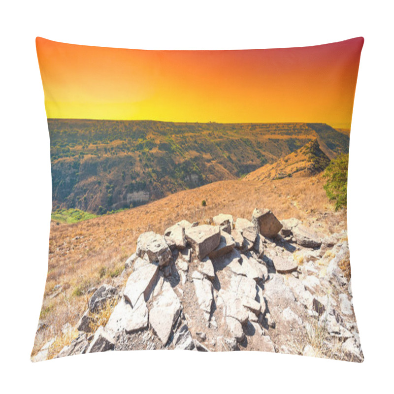 Personality  Gamla Nature Reserve Located In The Golan Heights In Israel At Sunrise. View Of The Archaeological Sites And Sea Of Galilee Pillow Covers