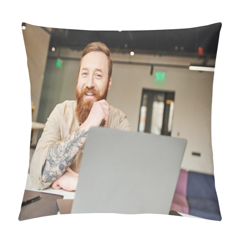 Personality  Cheerful, Bearded And Tattooed Entrepreneur With Radiant Smile Looking At Camera While Sitting Near Laptop And Working On Startup Project, Professional Headshot, Business Lifestyle Concept Pillow Covers