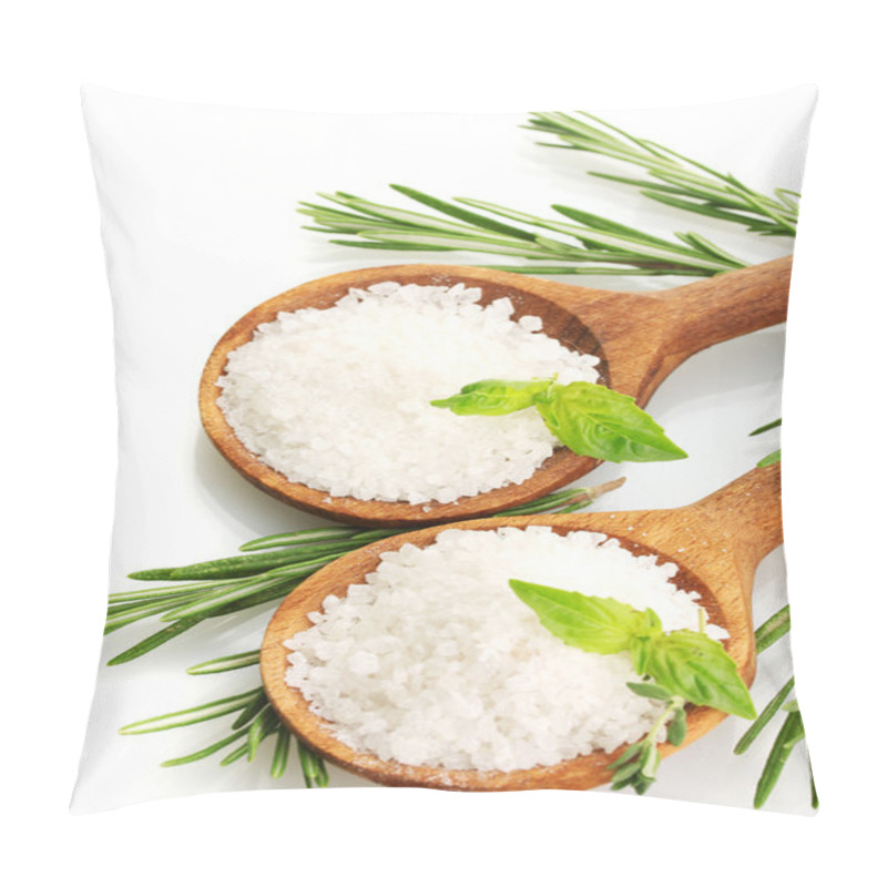 Personality  Salt In Spoons With Fresh Basil, Thyme And Rosemary Isolated On White Pillow Covers