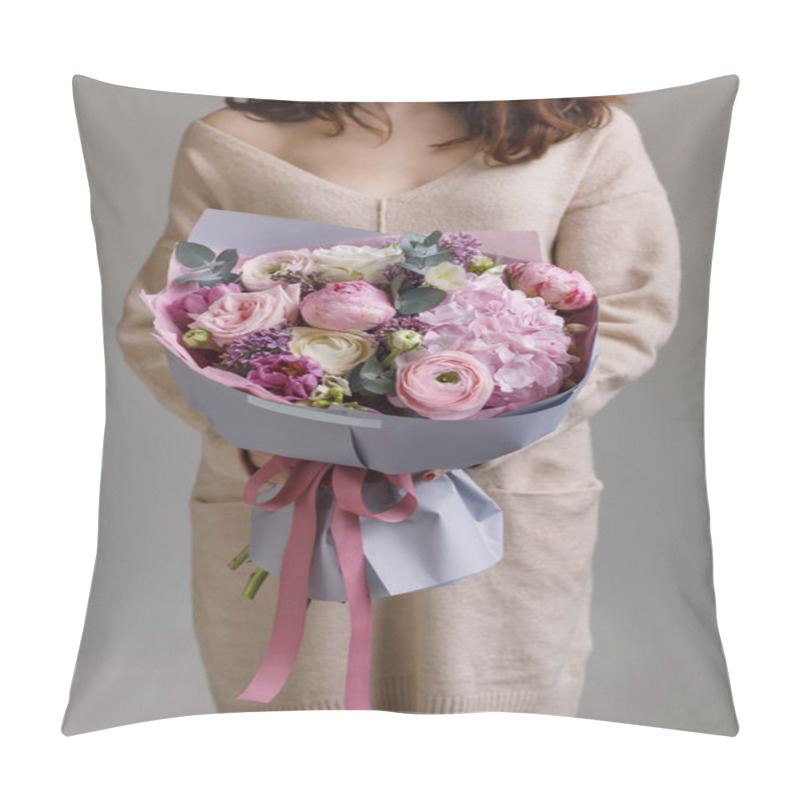 Personality  Young Woman Holding Spring Pastel Bouquet In Hands. Flower Shop. Florist Pillow Covers