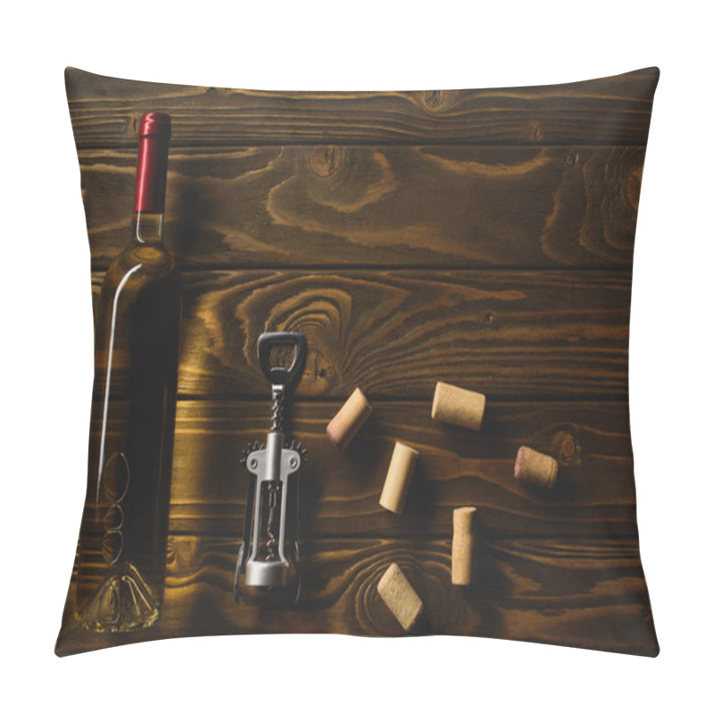 Personality  Top View Of Bottle Of White Wine With Corks And Corkscrew On Wooden Table Pillow Covers