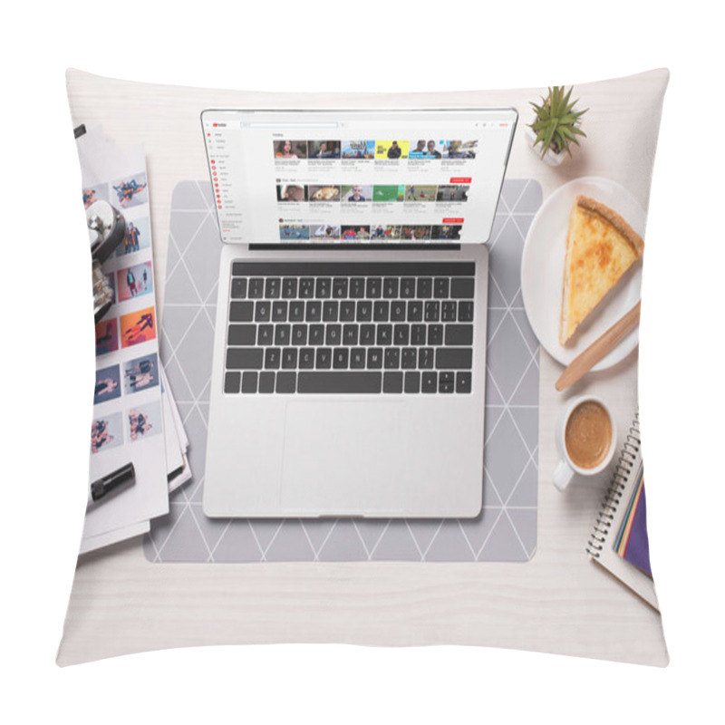 Personality  Office Desk With Laptop And Youtube Website On Screen, Flat Lay Pillow Covers