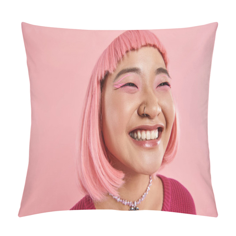 Personality  Close Up Of Asian Young Woman With Nose Piercing Happy Laughing On Pink Background Pillow Covers