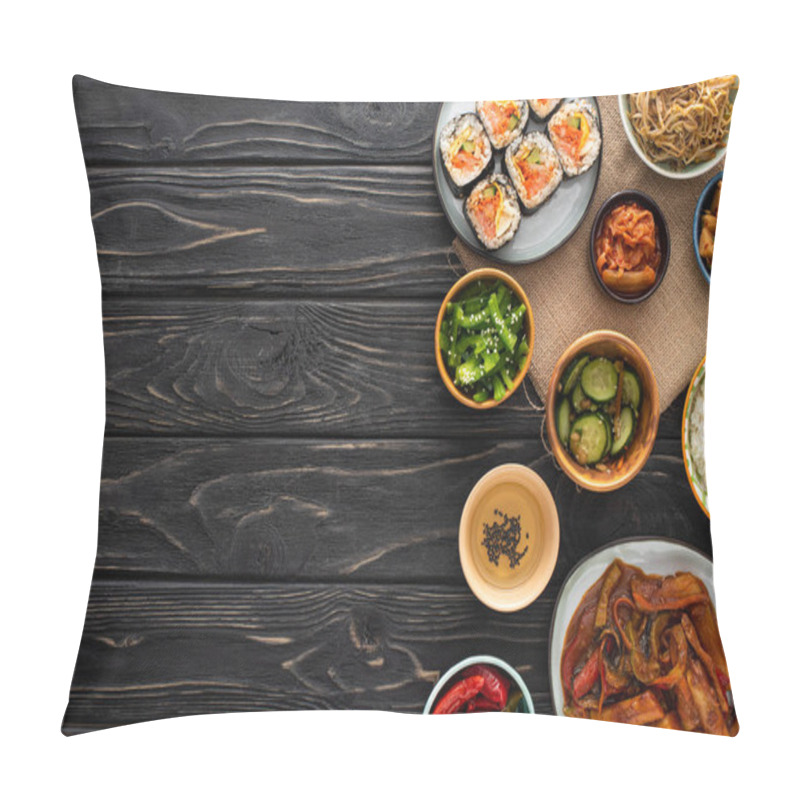 Personality  Top View Of Tasty Korean Side Dishes Near Gimbap And Sesame Oil On Wooden Surface  Pillow Covers