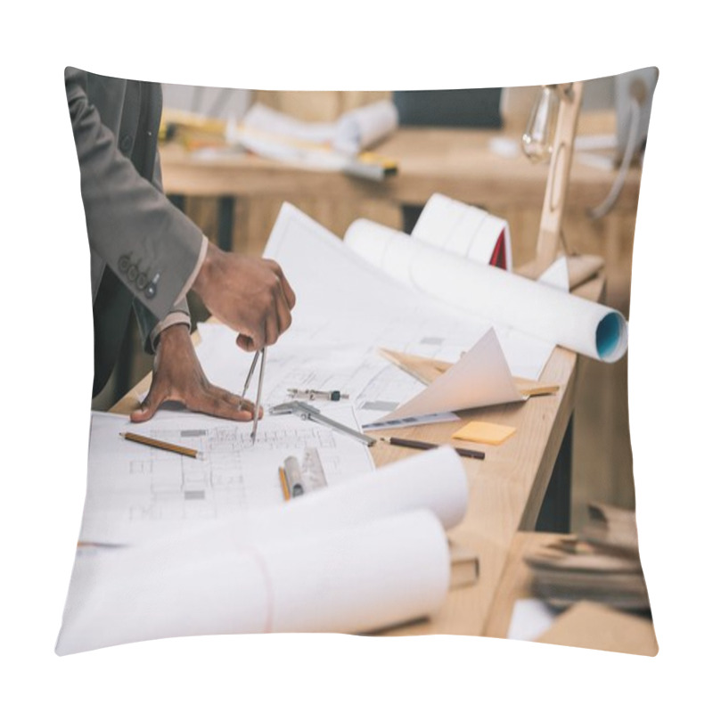 Personality  Cropped Shot Of Architect Drawing Architectural Plans At Workplace Pillow Covers