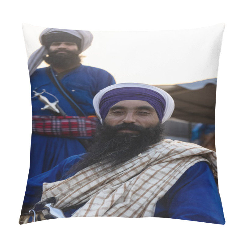 Personality  NEW DELHI, INDIA - JANUARY 2021 : Portrait Of Young Sikh Indian Farmers From Different States Protests At Ghazipur Border. Farmers Are Protesting Against The New Farm Laws In India. Pillow Covers