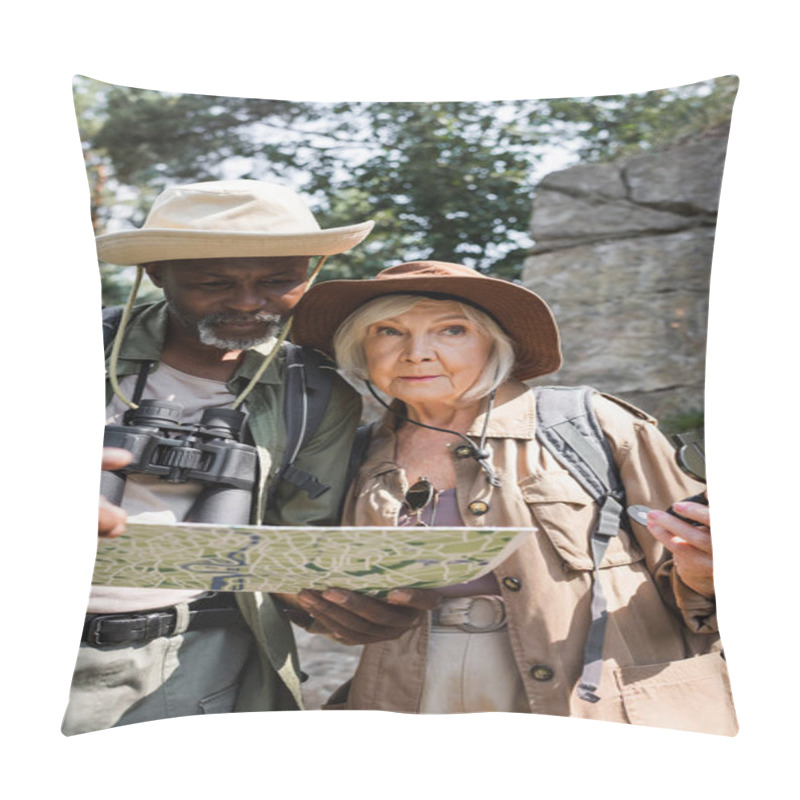 Personality  Senior Multiethnic Hikers With Compass And Map Standing In Forest  Pillow Covers