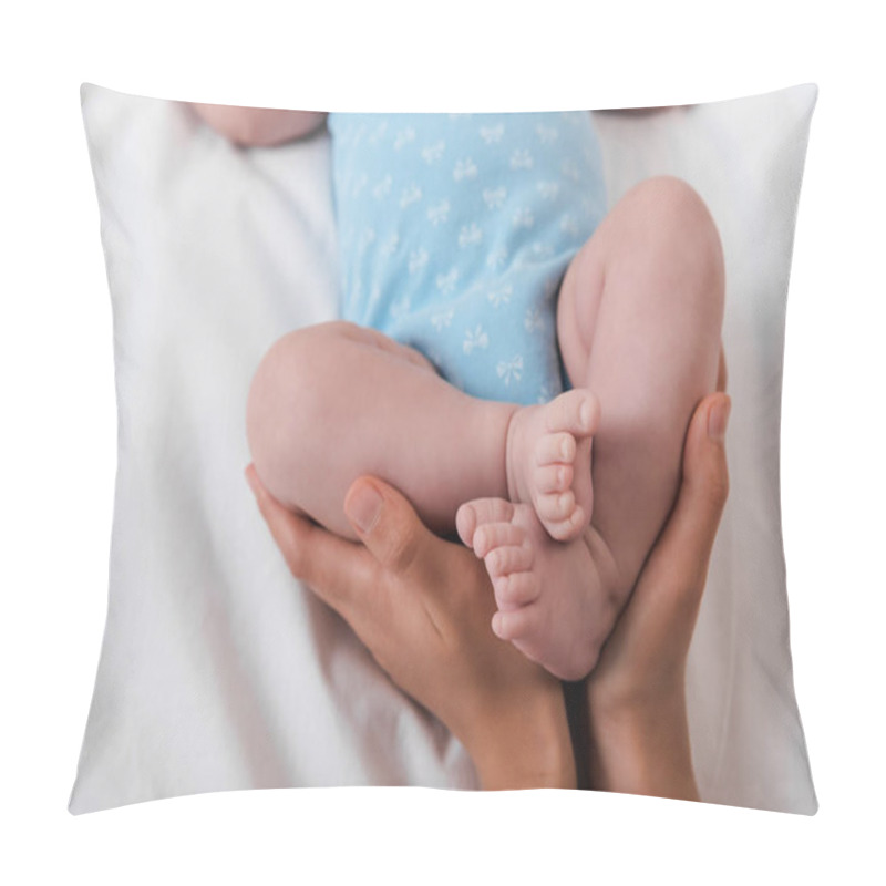 Personality  Cropped View Of Caring Mother Touching Legs Of Cute Baby In Bodysuit Pillow Covers