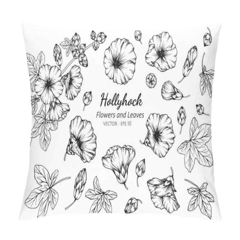 Personality  Collection Set Of Hollyhock Flower And Leaves Drawing. Pillow Covers