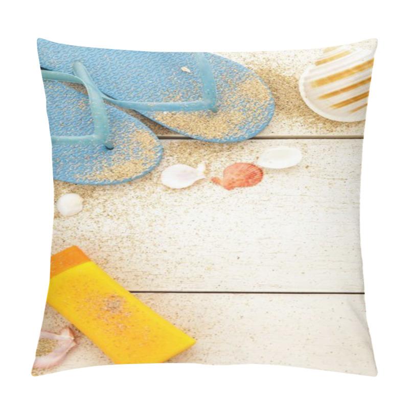 Personality  Blue Flipflops, Sunblock, And Seashells On White Wooden Table Pillow Covers