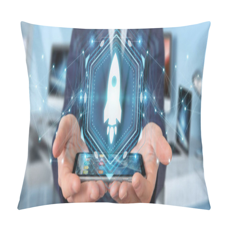 Personality  Businessman Using Startup Digital Interface 3D Rendering Pillow Covers