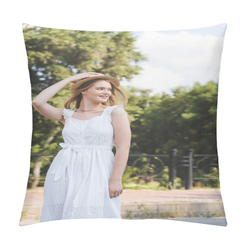 Personality  Beautiful Young Girl In White Dress Touching Straw Hat While Smiling And Looking Away Pillow Covers