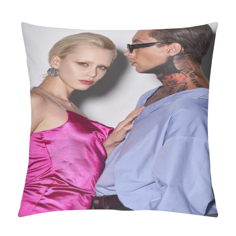 Personality  Blonde Woman In Pink Dress Posing With Tattooed Boyfriend In Sunglasses On Grey, New Year Party Pillow Covers