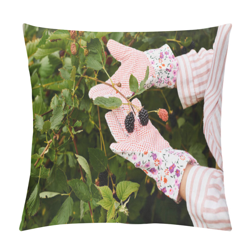 Personality  Cropped View Of Mature Woman With Gardening Gloves Taking Care Of Her Fresh Vivid Dewberries Pillow Covers