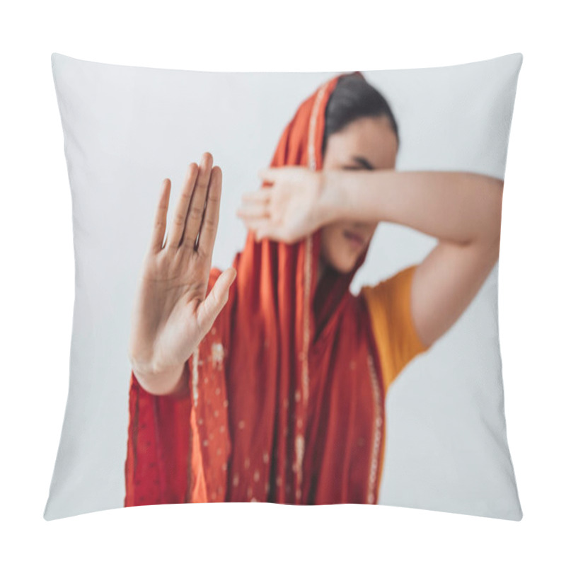 Personality  Selective Focus Of Woman In Sari Showing Stop Sign And Covering Face Isolated On Grey Pillow Covers