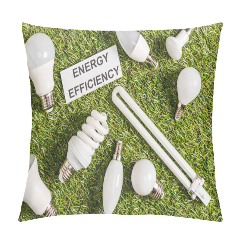 Personality   Top View Of Fluorescent Lamps Near Card With Energy Efficiency Lettering On Green Grass Pillow Covers