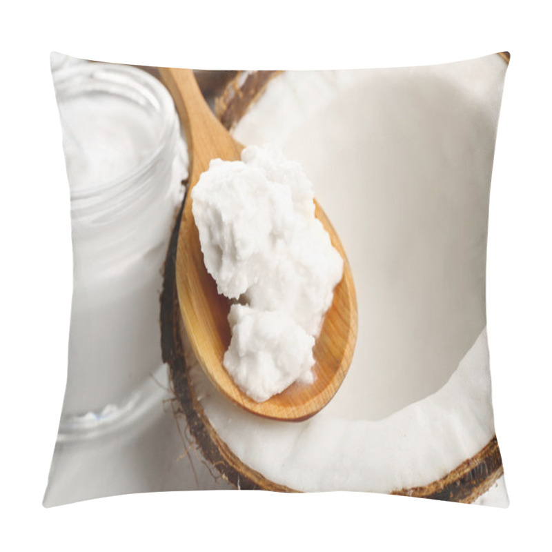 Personality  Coconut With Coconut Oil And Jar Of Cosmetic Cream On Table Close Up Pillow Covers