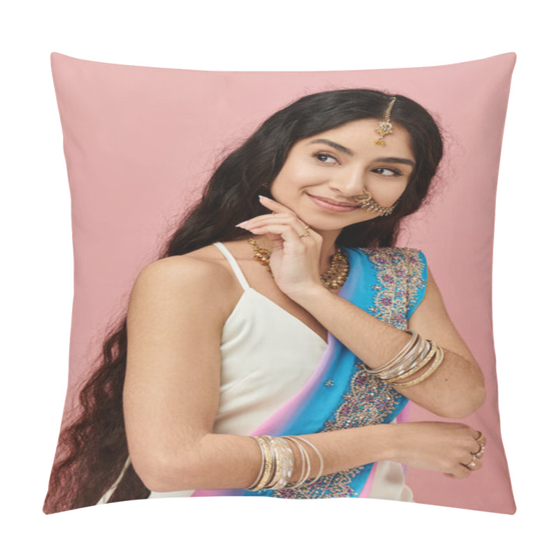 Personality  Young Indian Woman In Blue And White Sari Poses Gracefully On Pink Background. Pillow Covers