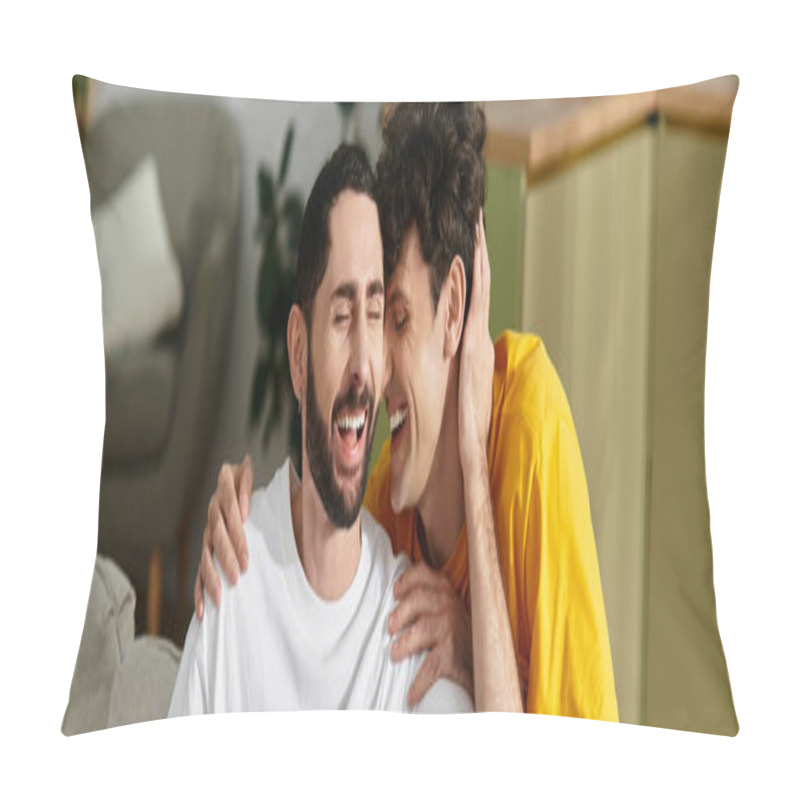 Personality  Two Men Dressed Casually Enjoy A Loving Moment Together In Their Contemporary Home, Banner Pillow Covers