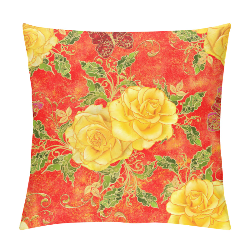 Personality  Seamless Pattern. Vertical Border. Golden Textured Curls. Brilliant Lace, Stylized Flowers, Yellow Rose. Openwork Weaving Delicate, Golden Background, Paisley, Jeweler's Butterfly. Pillow Covers