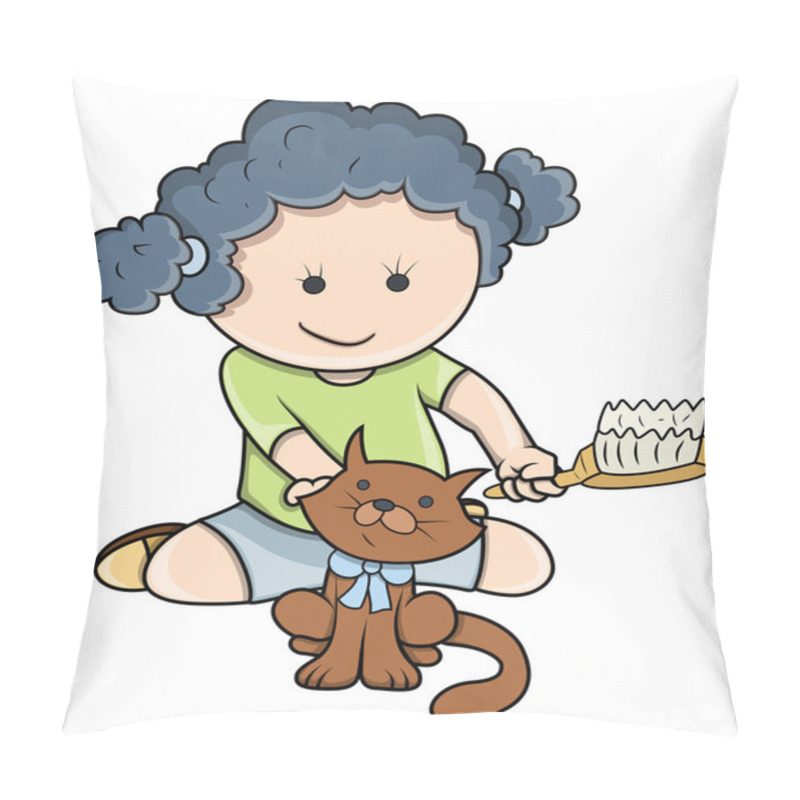 Personality  Small Girl Giving Bath To Cat - Vector Cartoon Illustration Pillow Covers