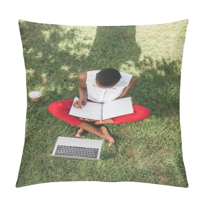 Personality  High Angle View Of Stylish Attractive African American Businesswoman Sitting On Grass And Writing To Notebook In Park Pillow Covers