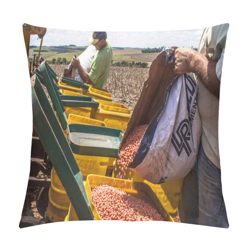 Personality  Parana, Brazil, October 24, 2009. Undefined Farmer Load Of Soybeans Seeds A Planter Machine Pillow Covers