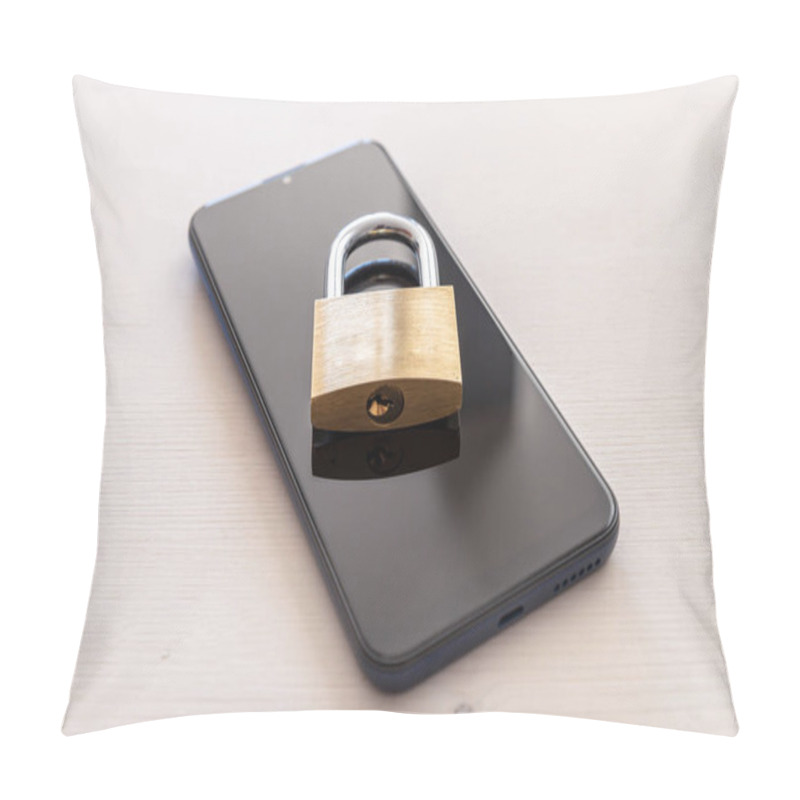 Personality  Smartphone Placed On A White Surface, With A Padlock On It. Security And Inviolability Of Electronic Devices And Protection Of Their Data. Pillow Covers