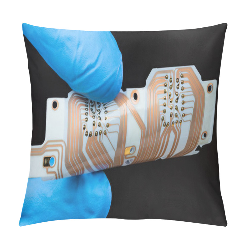 Personality  Flex Printed Circuit Board With Copper Layer In Man Fingers Isolated On A Black Background. Detail Of Hand In Blue Glove Holding White PCB Sheet With Integrated Connector For Computer Printer Printhead. Pillow Covers