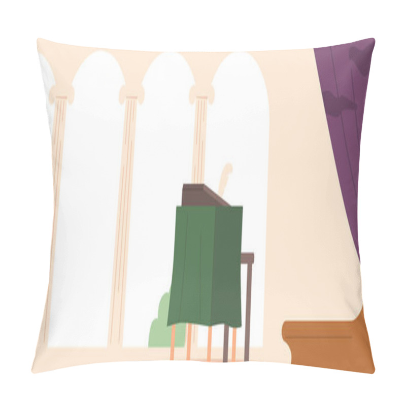 Personality  Opulent Palace Interior Adorned With A Grand Bureau And A Majestic Throne, Exuding Regal Elegance And Luxury Fit For Royalty. Temple Hall With Large Arches. Cartoon Vector Illustration Pillow Covers