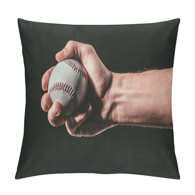 Personality  Cropped Shot Of Male Hand Holding Baseball Ball Isolated On Black   Pillow Covers