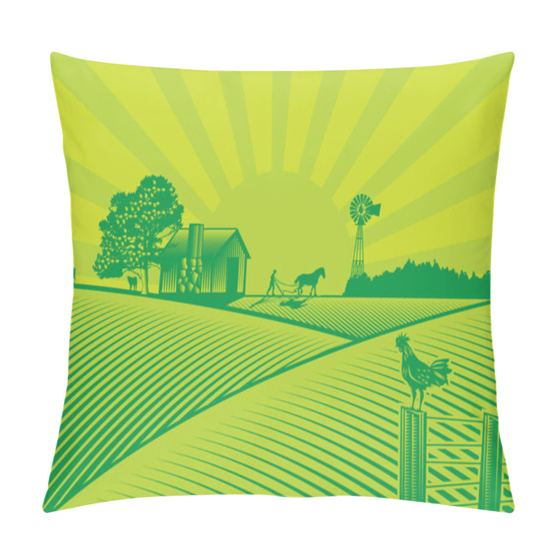 Personality  Organic Farming Silhouette In Woodcut Style Pillow Covers