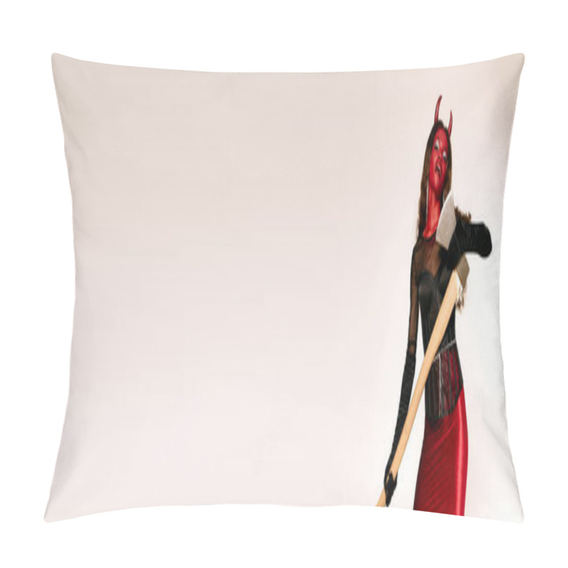 Personality  A Confident Woman In A Devil Costume Strikes A Playful Pose For Halloween. Pillow Covers