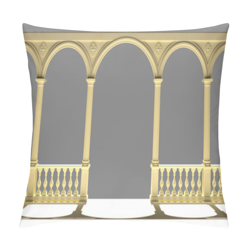 Personality  Balustrade With Columns, Arches And Stucco On A Gray Background 3D Rendering   Pillow Covers