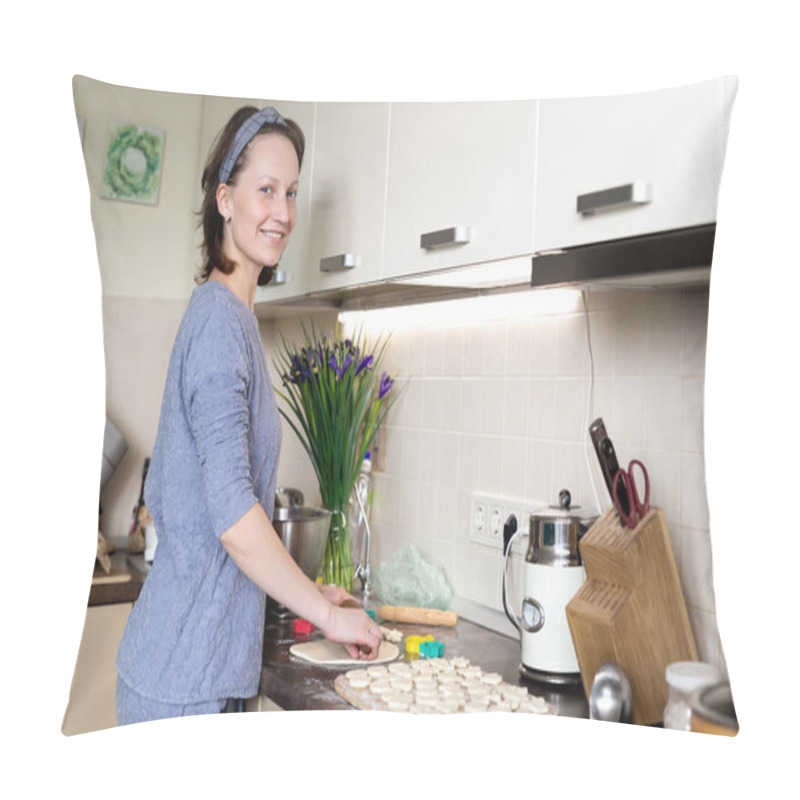 Personality  Portrait Young Adult Brunette Caucasian Woman Making Dough With Roller Pin For Sweet Tasty Homemade Cookies At Home Kitchen. Female Person Housewife Mother Cooking Delicoius Healthy Handmade Pastry Pillow Covers