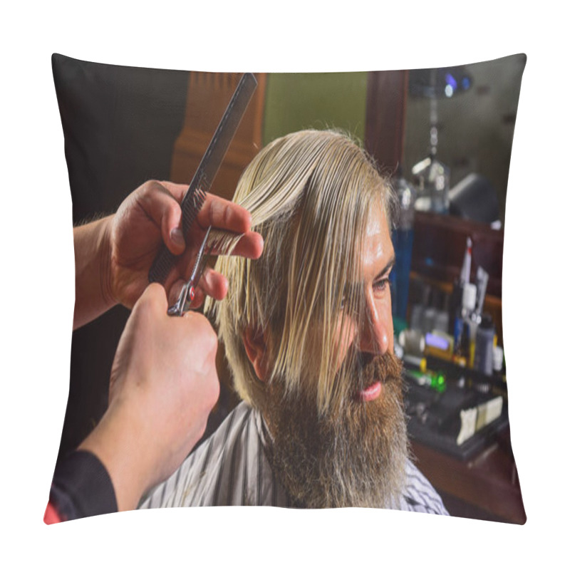 Personality  Mature Man At Barbershop. Brutal Bearded Man At Hairdresser. Professional Barber With Male Client. Hipster With Dyed Hair. Man Want New Hairstyle. Male Beauty And Fashion. Confident In His Style Pillow Covers