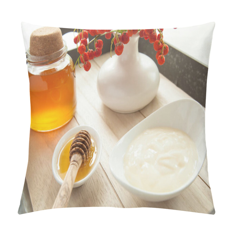 Personality  Fresh Honey And Natural Milk Yogurt Served In White Porcelain Dishware On A Wooden Tray And Decorated With Autumn Bouquet Pillow Covers