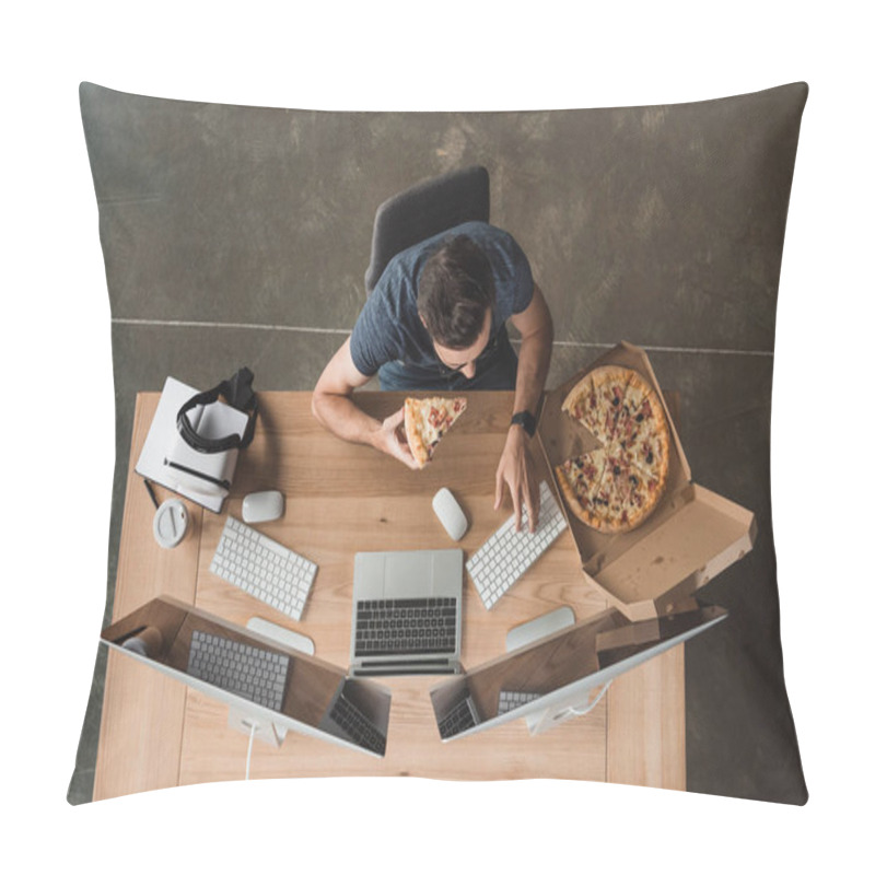 Personality  Overhead View Of Programmer Eating Pizza And Using Computers At Workplace Pillow Covers