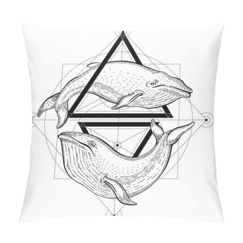 Personality  Blue Whale Tattoo. Geometric Vector Illustration With Triangles And Sea Animals. Sketch Logo In Hipster Vintage Style. Hand Drawn Whales Art, Black Line Engraved Poster Isolated On White Background Pillow Covers