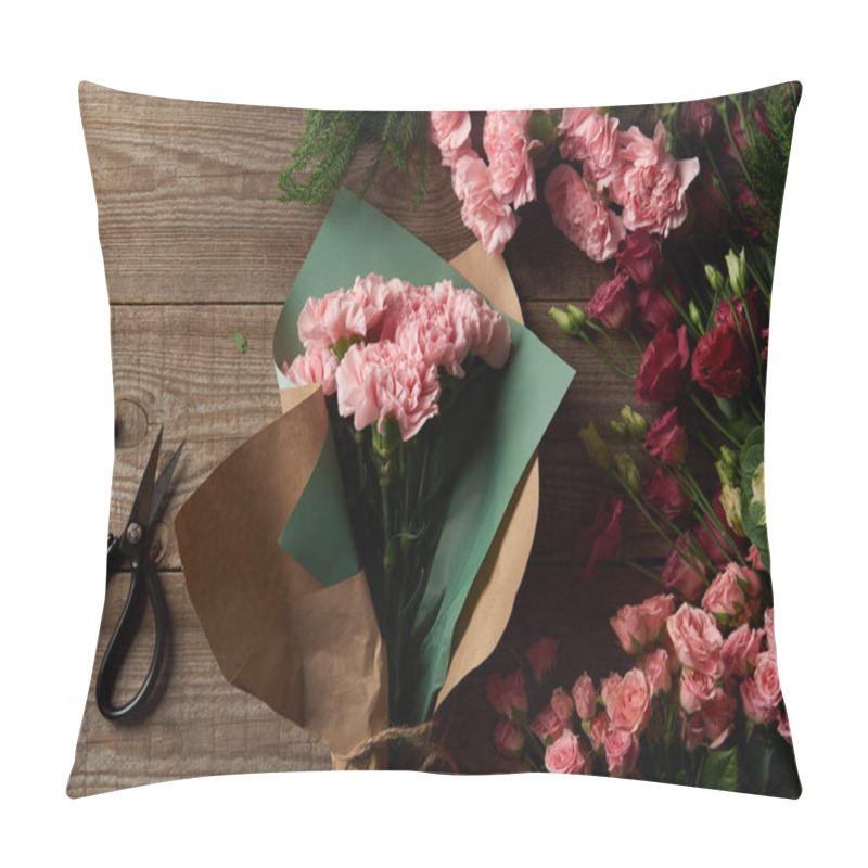 Personality  Top View Of Beautiful Tender Flowers With Craft Paper And Scissors On Wooden Surface  Pillow Covers