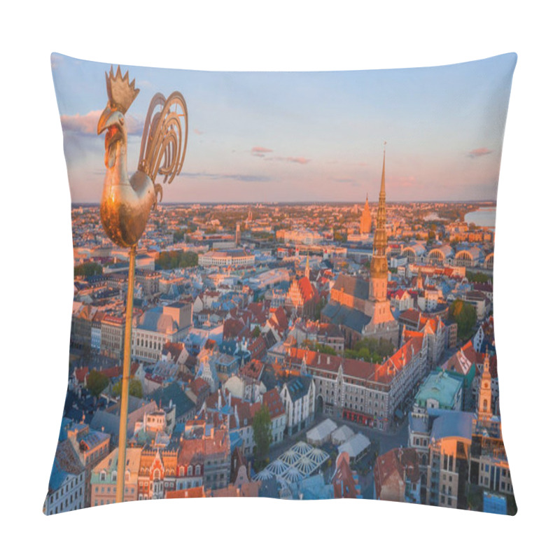 Personality  Beautiful View Of The Golden Rooster/cock Over Old Town Of Riga In Latvia During Epic Orange Sunset. Pillow Covers