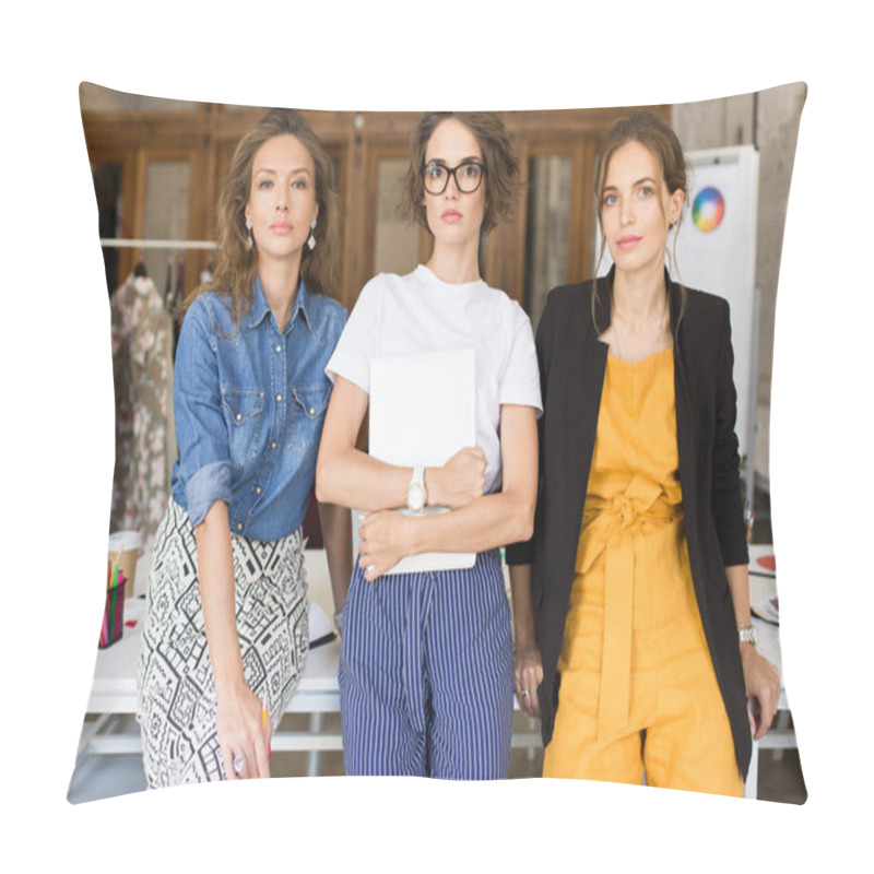 Personality  Three Young Beautiful Women Leaning On Desk Dreamily Looking In Camera Together Spending Time At Work. Pretty Stylish Girls Working In Modern Office  Pillow Covers