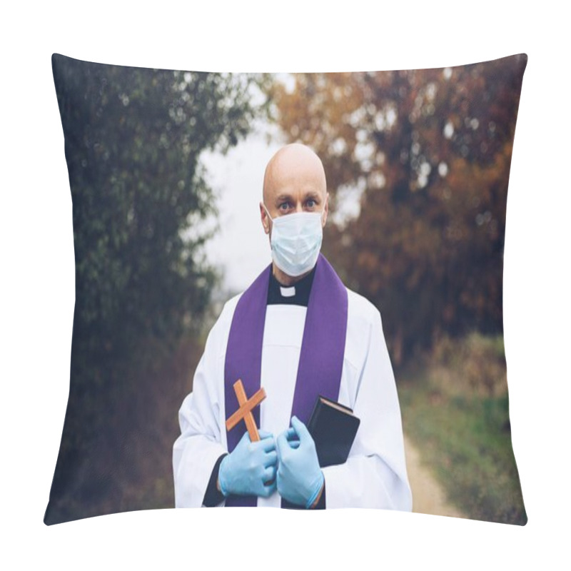 Personality  Man Priest In A Protective Mask And Protective Gloves During A Pastoral Visit. Pillow Covers