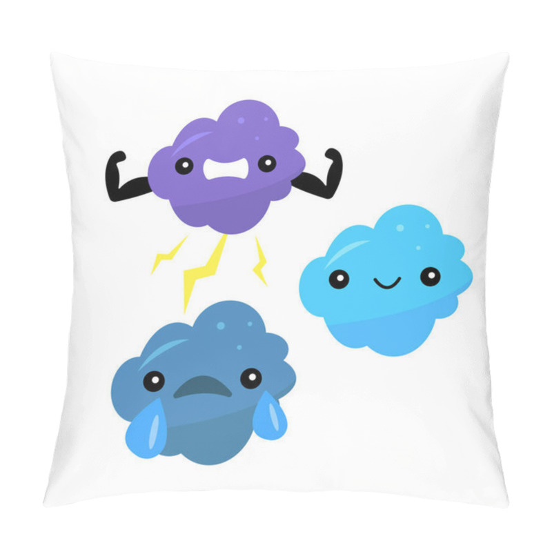 Personality  Set Of Different Cartoon Characters Of Clouds, The Sad Cloud With Tears, The Happy Cloud With Sun Behind It, And The Strong Cloud With Lightning And Biceps Pillow Covers