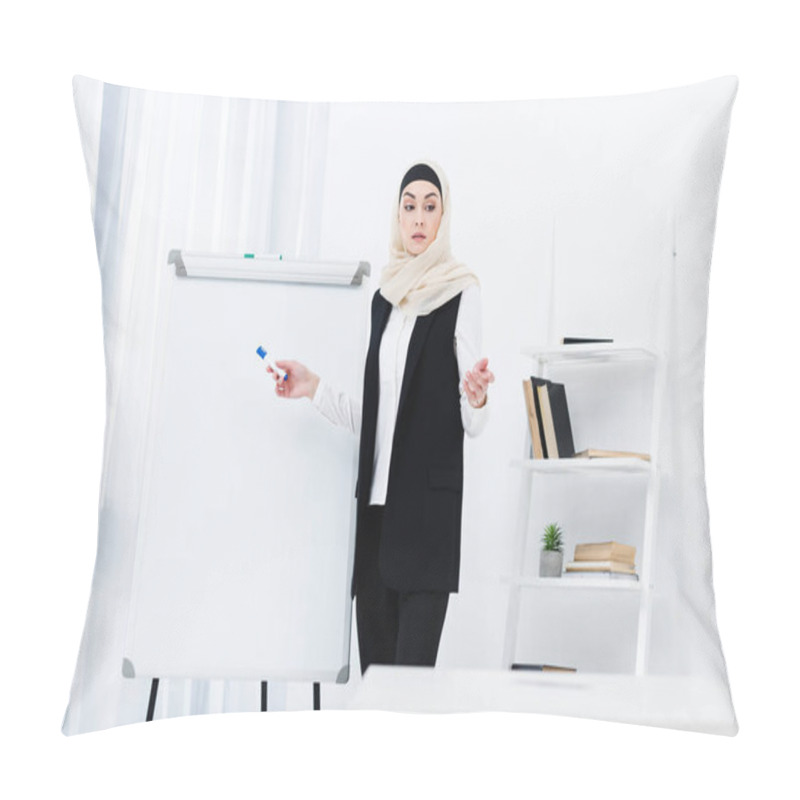 Personality  Focused Muslim Businesswoman In Hijab Pointing Ay White Board In Office Pillow Covers