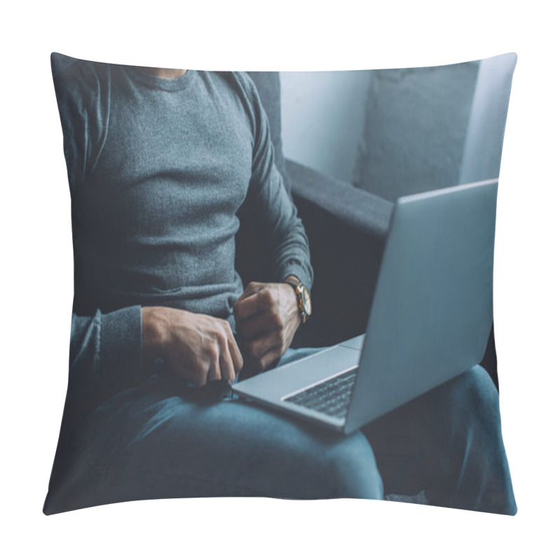 Personality  Cropped View Of Man Unbuttoning Jeans While Watching Pornography On Laptop On Sofa Pillow Covers