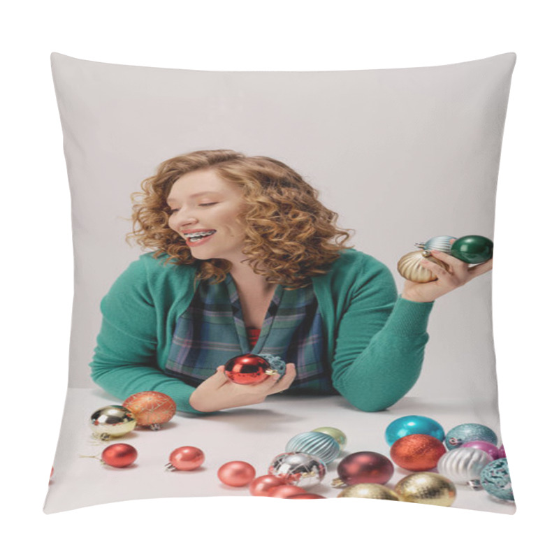 Personality  A Young Woman Posing Cheerfully With Vibrant Ornaments While Smiling And Enjoying The Holiday Spirit. Pillow Covers