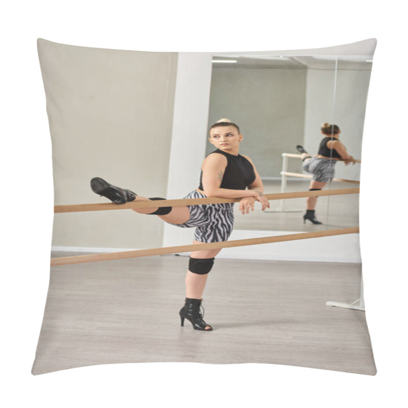 Personality  Graceful Dancer Finds Balance And Strength As She Stretches On The Wooden Bar, High Heels Pillow Covers