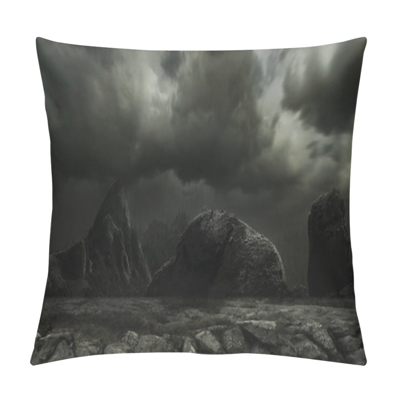 Personality  Spooky Night. Scary And Mystic Theme, Rocks And Mountains In Fog. Conceptual Background For Your Design, Poster, Ad. Pillow Covers